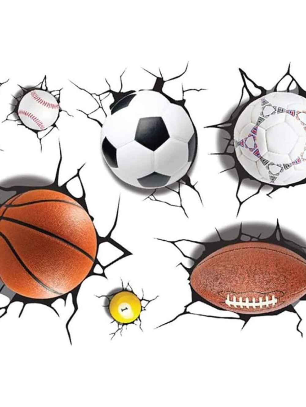 Sport Balls 3D Wall Stickers Break Through DIY Basketball, Rugby, Baseball, Foot